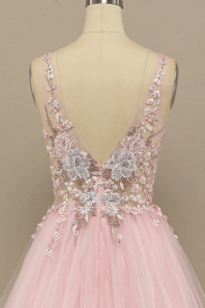 Gorgeous deep V-neck gray pink dance party formal dress