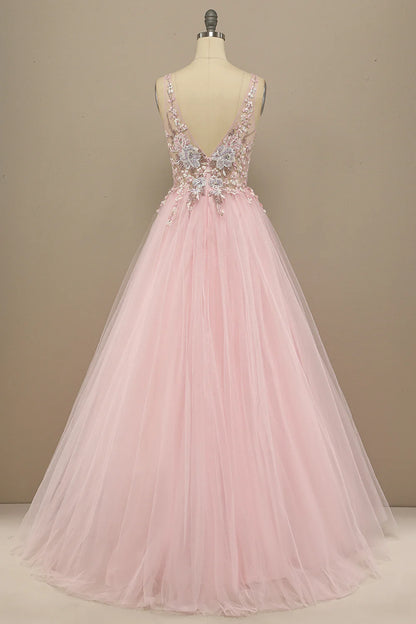 Gorgeous deep V-neck gray pink dance party formal dress
