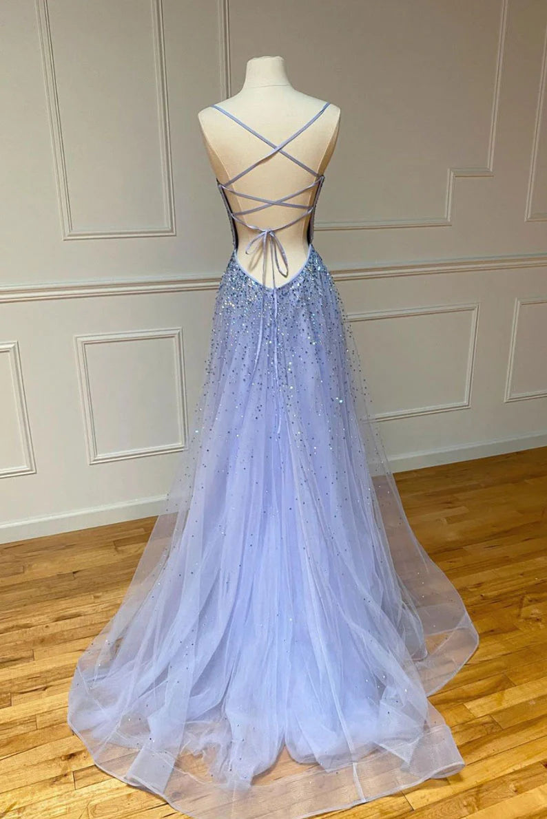 Purple tulle sequin long prom dress sequin prom dress