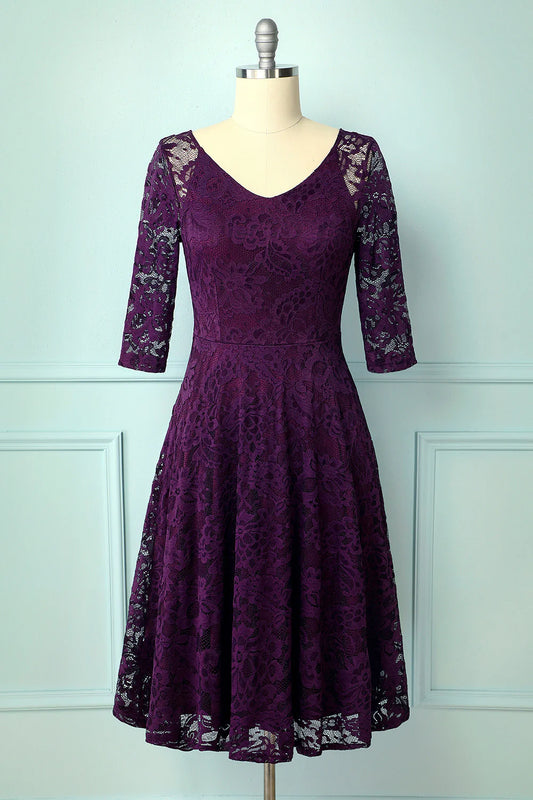 Elegant high-end grape lace midi formal party wedding guest dress