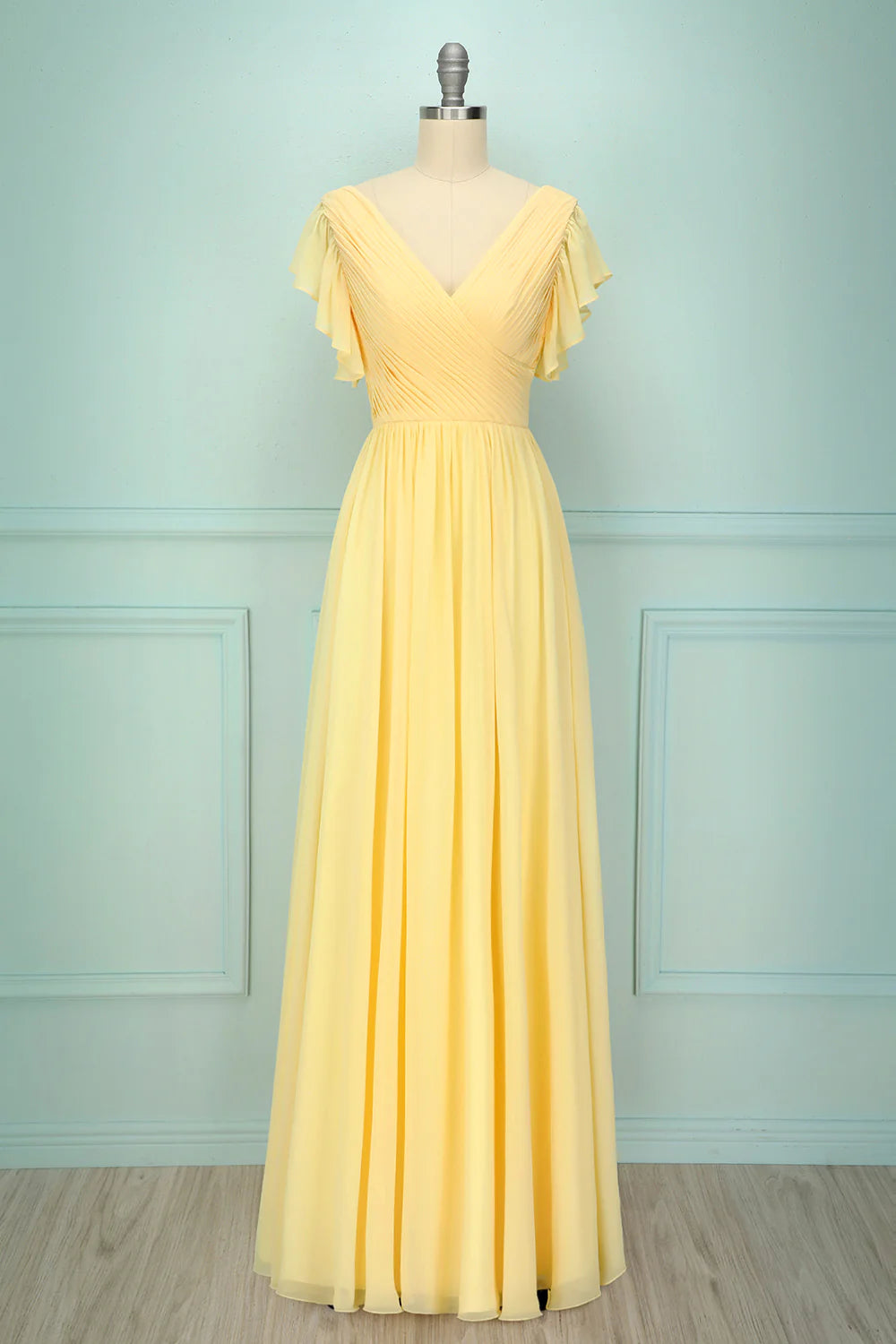 Elegant yellow V-neck long slim fit bridesmaid dress