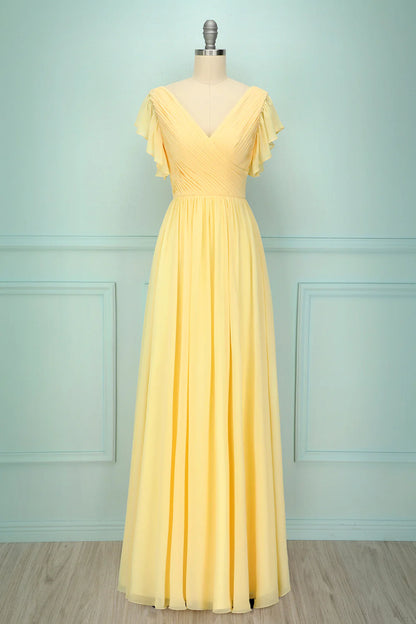 Elegant yellow V-neck long slim fit bridesmaid dress
