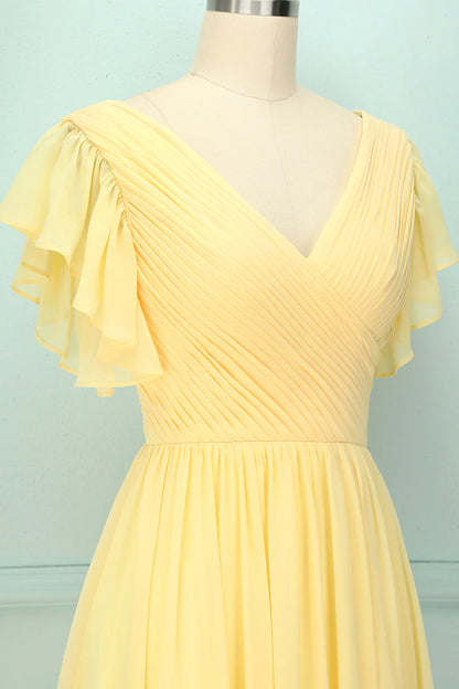 Elegant yellow V-neck long slim fit bridesmaid dress