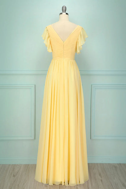 Elegant yellow V-neck long slim fit bridesmaid dress