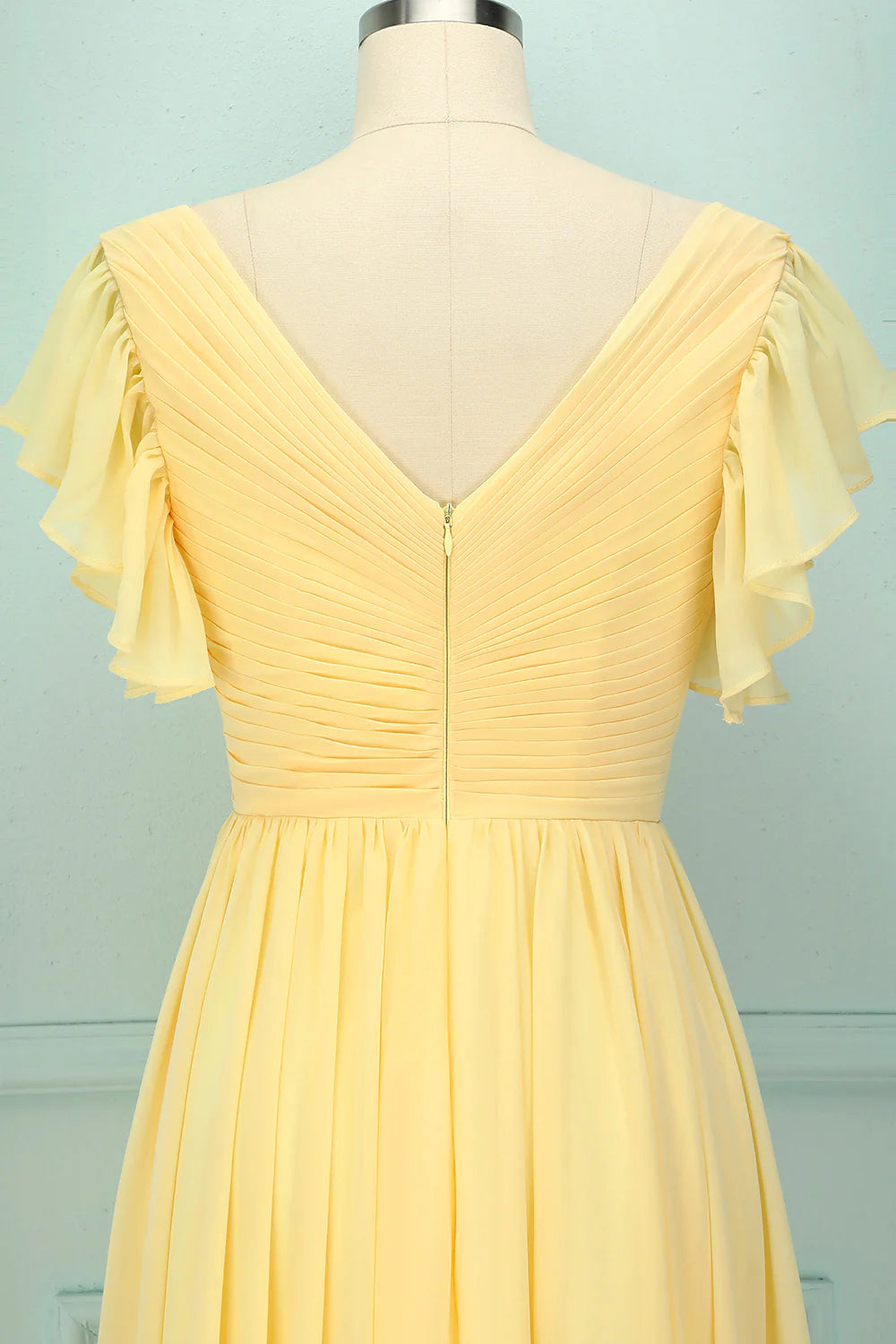 Elegant yellow V-neck long slim fit bridesmaid dress