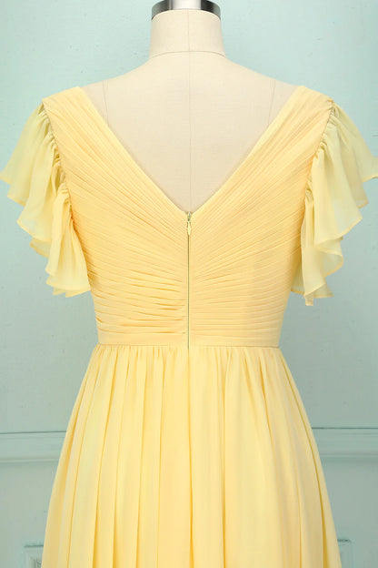 Elegant yellow V-neck long slim fit bridesmaid dress