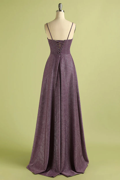 High end grape colored lace up long satin ball party cocktail dress