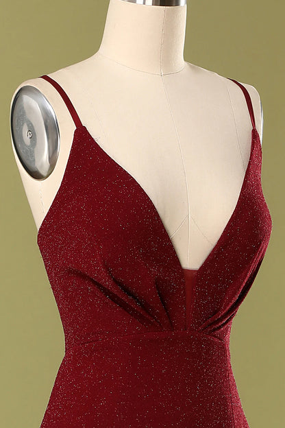 Burgundy V-neck Cocktail Ball Evening Dress