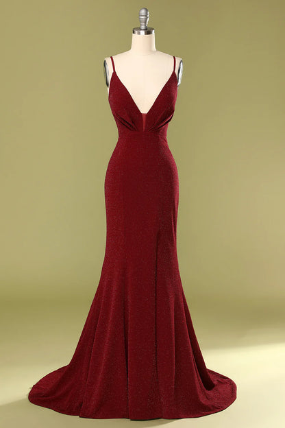 Burgundy V-neck Cocktail Ball Evening Dress