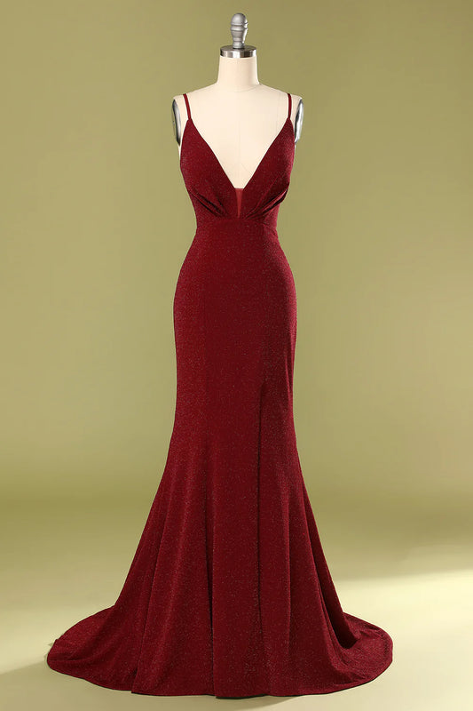 Burgundy V-neck Cocktail Ball Evening Dress