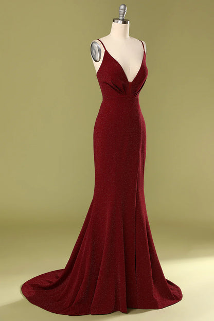Burgundy V-neck Cocktail Ball Evening Dress
