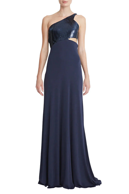 One shoulder sleeveless zipper closure cut out waist matte jersey gown with sequined bodice