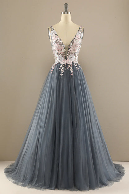 Gorgeous deep V-neck gray pink dance party formal dress