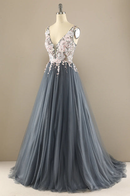 Gorgeous deep V-neck gray pink dance party formal dress