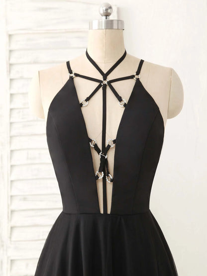 Tulle Backless Long Prom Dress Black Evening Dress
