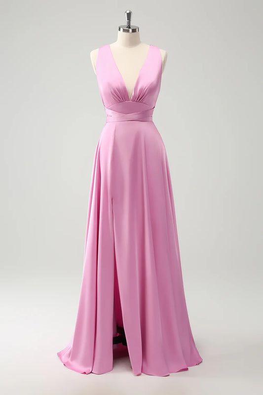 A Line Deep V Neck Backless Long Bridesmaid Dress with Slit