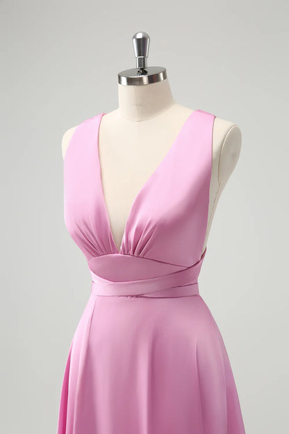 A Line Deep V Neck Backless Long Bridesmaid Dress with Slit