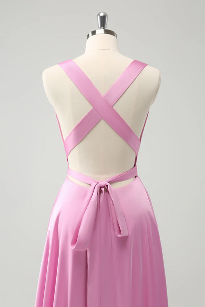 A Line Deep V Neck Backless Long Bridesmaid Dress with Slit