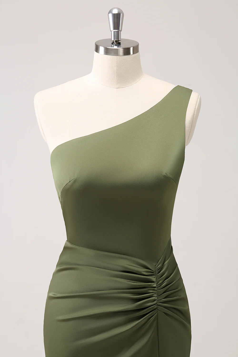 Olive Mermaid One Shoulder Pleated Backless Bridesmaid Dress with Slit