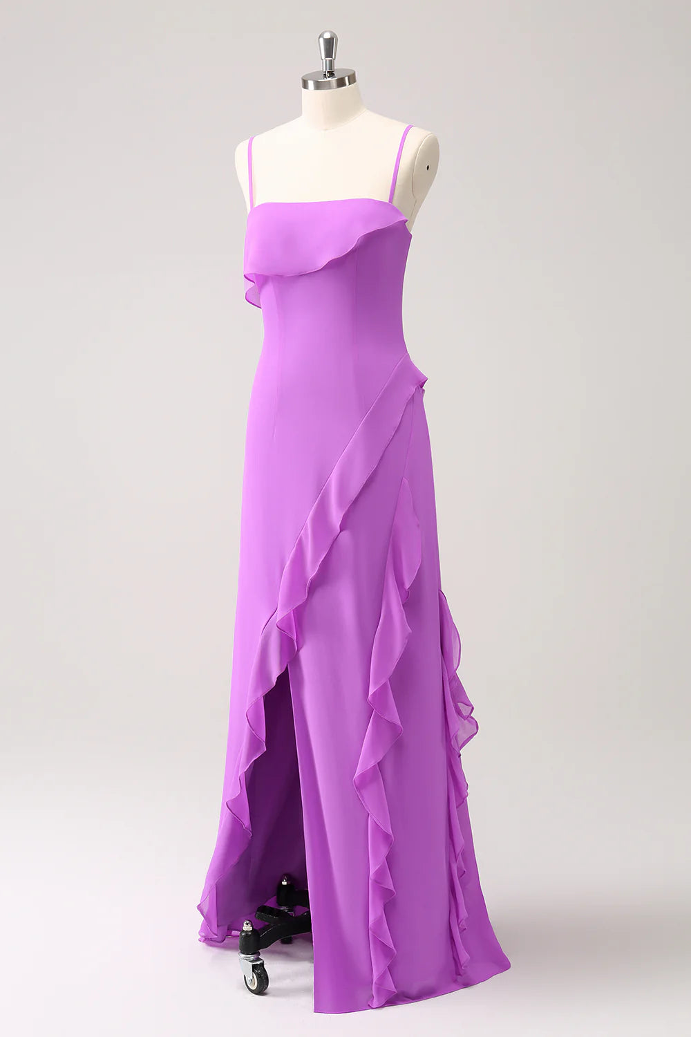 Sheath Spaghetti Straps Ruffle Long Bridesmaid Dress with Slit