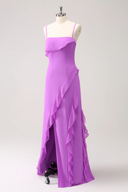 Sheath Spaghetti Straps Ruffle Long Bridesmaid Dress with Slit