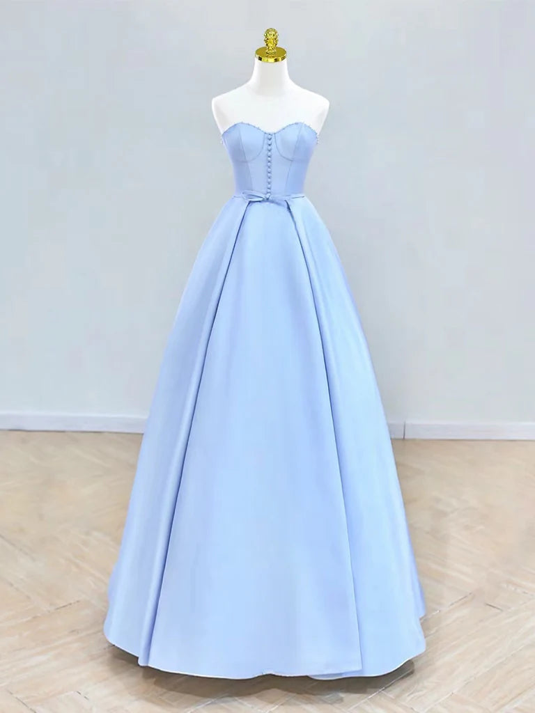 A-Line Sweetheart Neck Satin Blue Long Evening Dress Blue Long Formal Dress