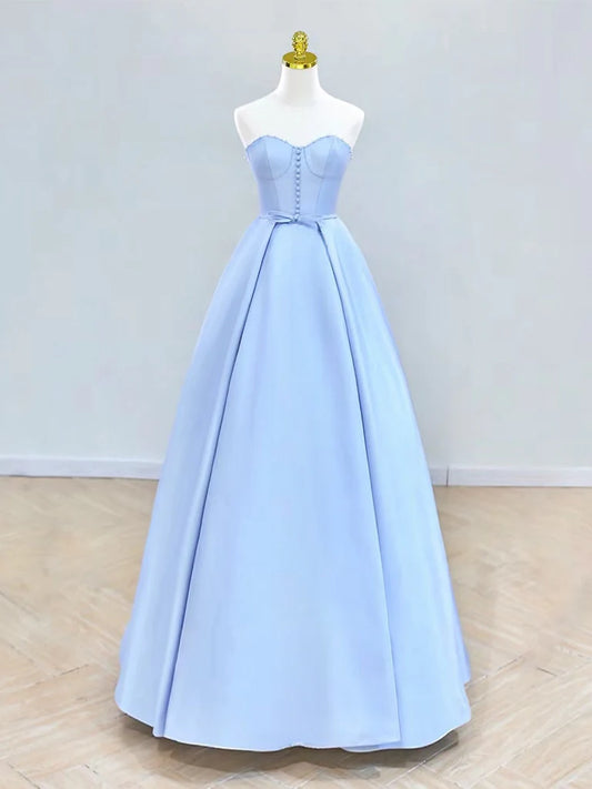 A-Line Sweetheart Neck Satin Blue Long Evening Dress Blue Long Formal Dress