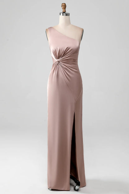 Mermaid One Shoulder Pleated Satin Bridesmaid Dress With Slit