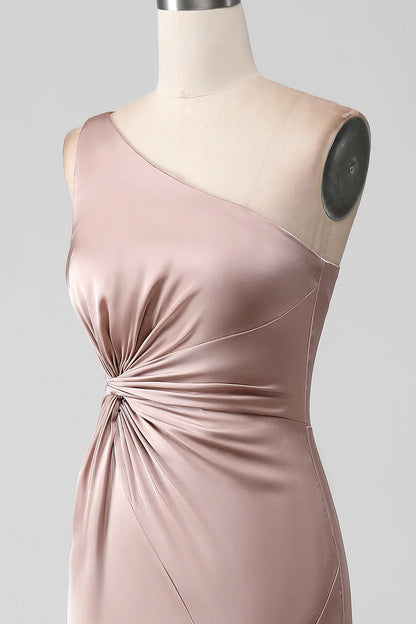 Mermaid One Shoulder Pleated Satin Bridesmaid Dress With Slit