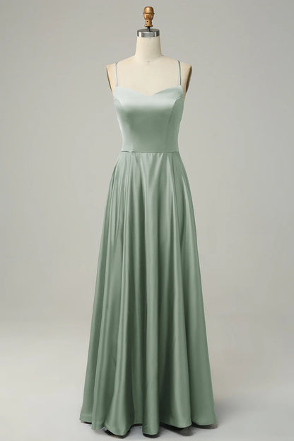 A Line Spaghetti Straps Backless Satin Bridesmaid Dress