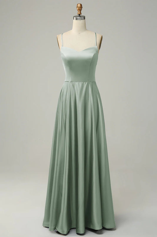 A Line Spaghetti Straps Backless Satin Bridesmaid Dress