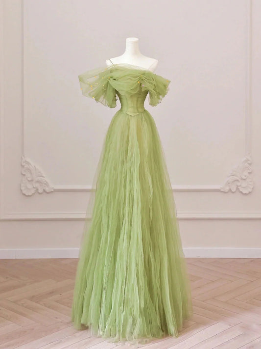 Green A line tulle long prom dress simple green formal prom dress