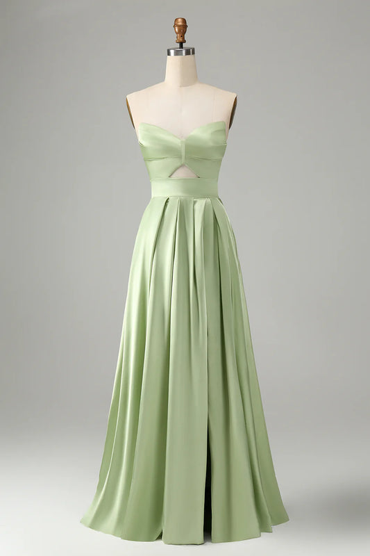 A Line Strapless Pleated Hollow Out Long Bridesmaid Dress With Slit