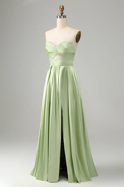 A Line Strapless Pleated Hollow Out Long Bridesmaid Dress With Slit