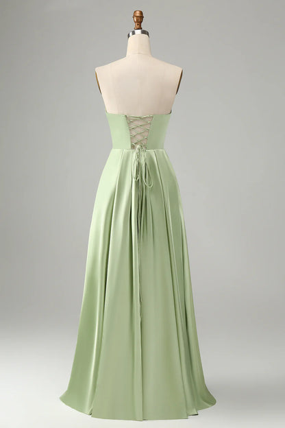 A Line Strapless Pleated Hollow Out Long Bridesmaid Dress With Slit