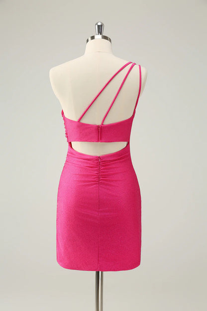 Hot Pink One Shoulder Pleated Short Tight Homecoming Dress