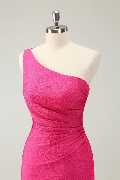 Hot Pink One Shoulder Pleated Short Tight Homecoming Dress