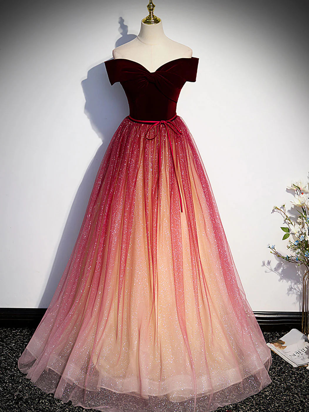 Burgundy A line tulle sequin long prom dress burgundy long dress