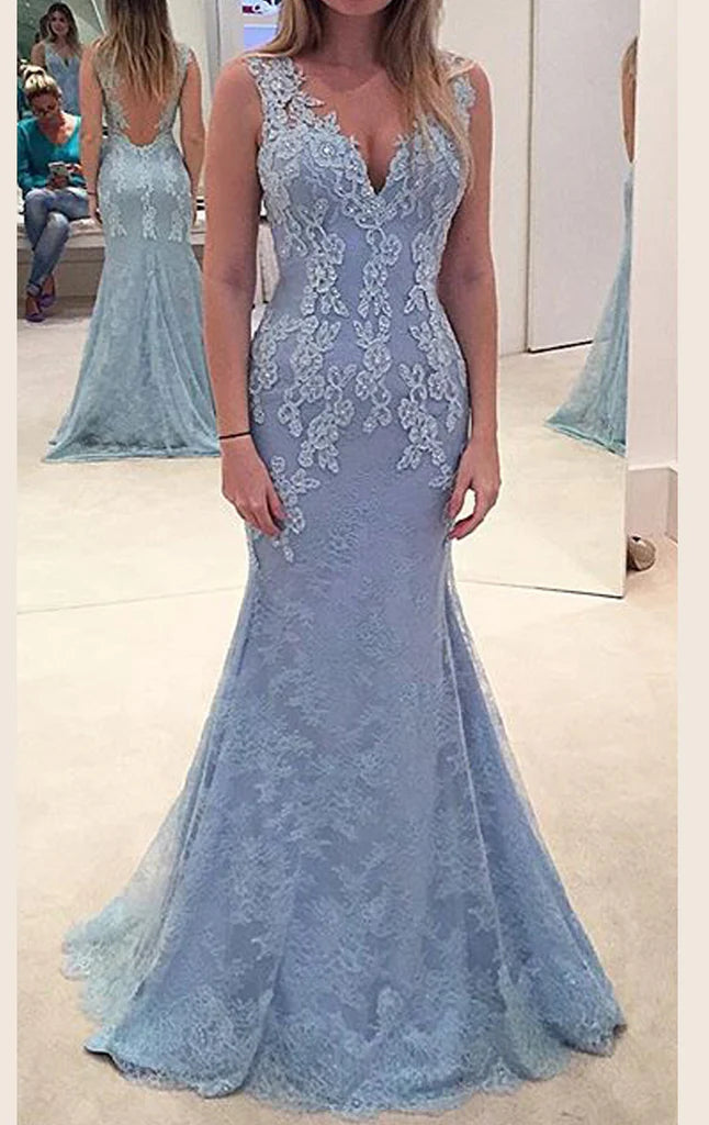 OKBBN Mermaid Shoulder Strap V-neck Lace Long Ball Dress