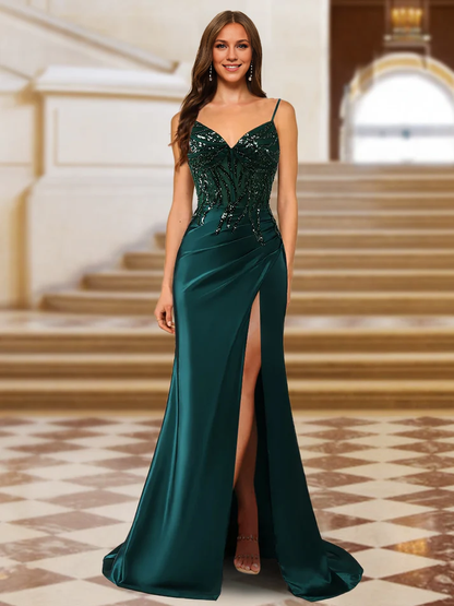 OKBBN shiny trumpet shaped mermaid slim shoulder strap long evening gown
