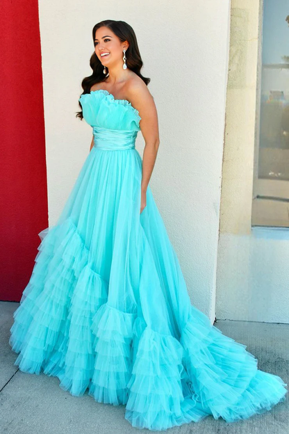 OKBBN Cute Off Shoulder Ruffle Layered Chiffon Long Ball Dress