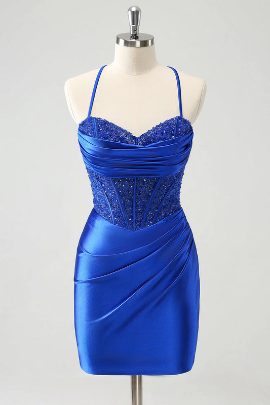 OKBBN shiny back lace up tight corset short, thin shoulder straps slim fit Homecoming Dresses