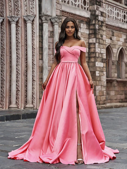 OKBBN A-line elegant satin sleeveless ruffled off shoulder trailing ball gown