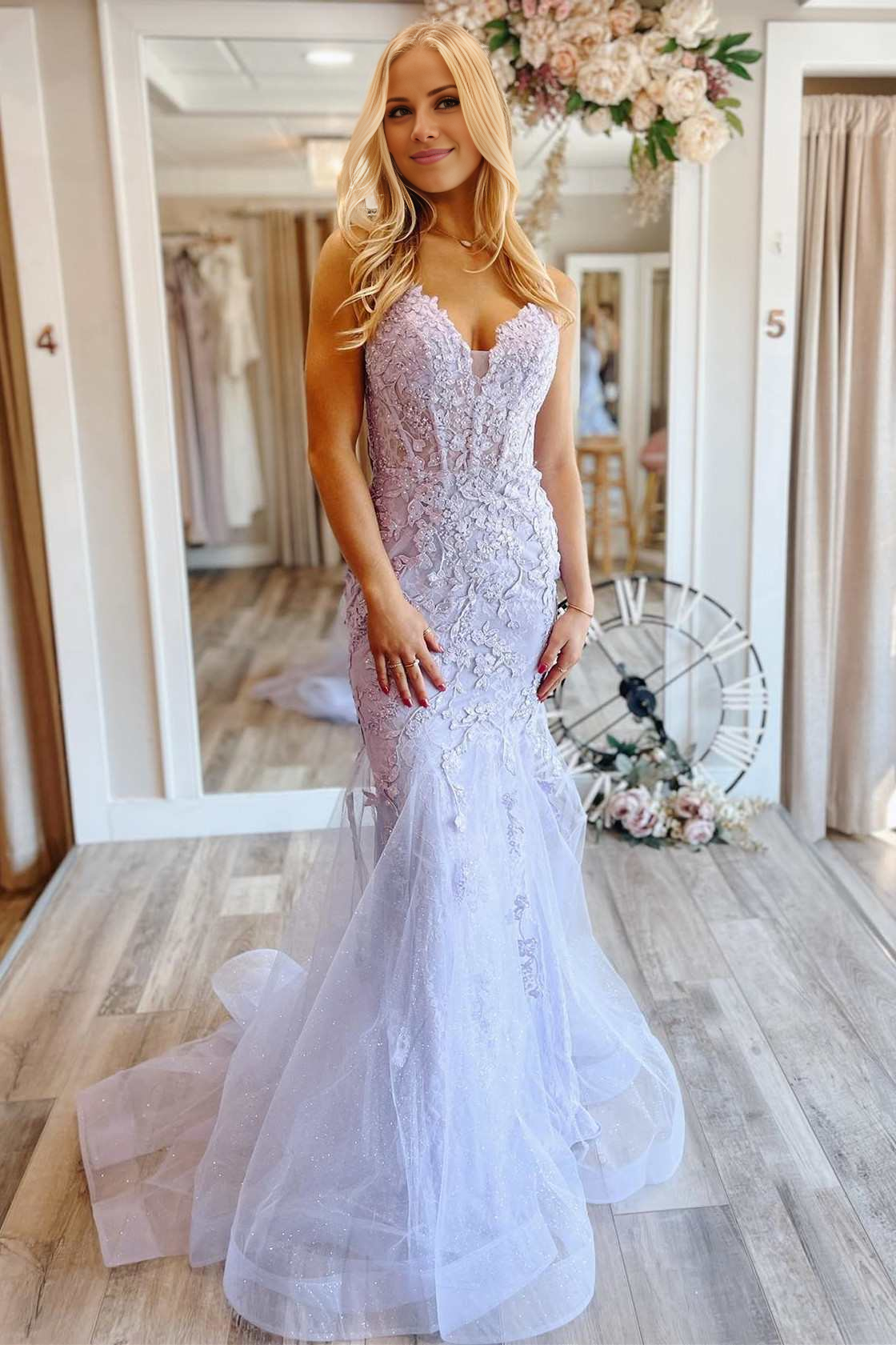 OKBBN Mermaid V-neck Lace Sparkling Chiffon Ball Dress