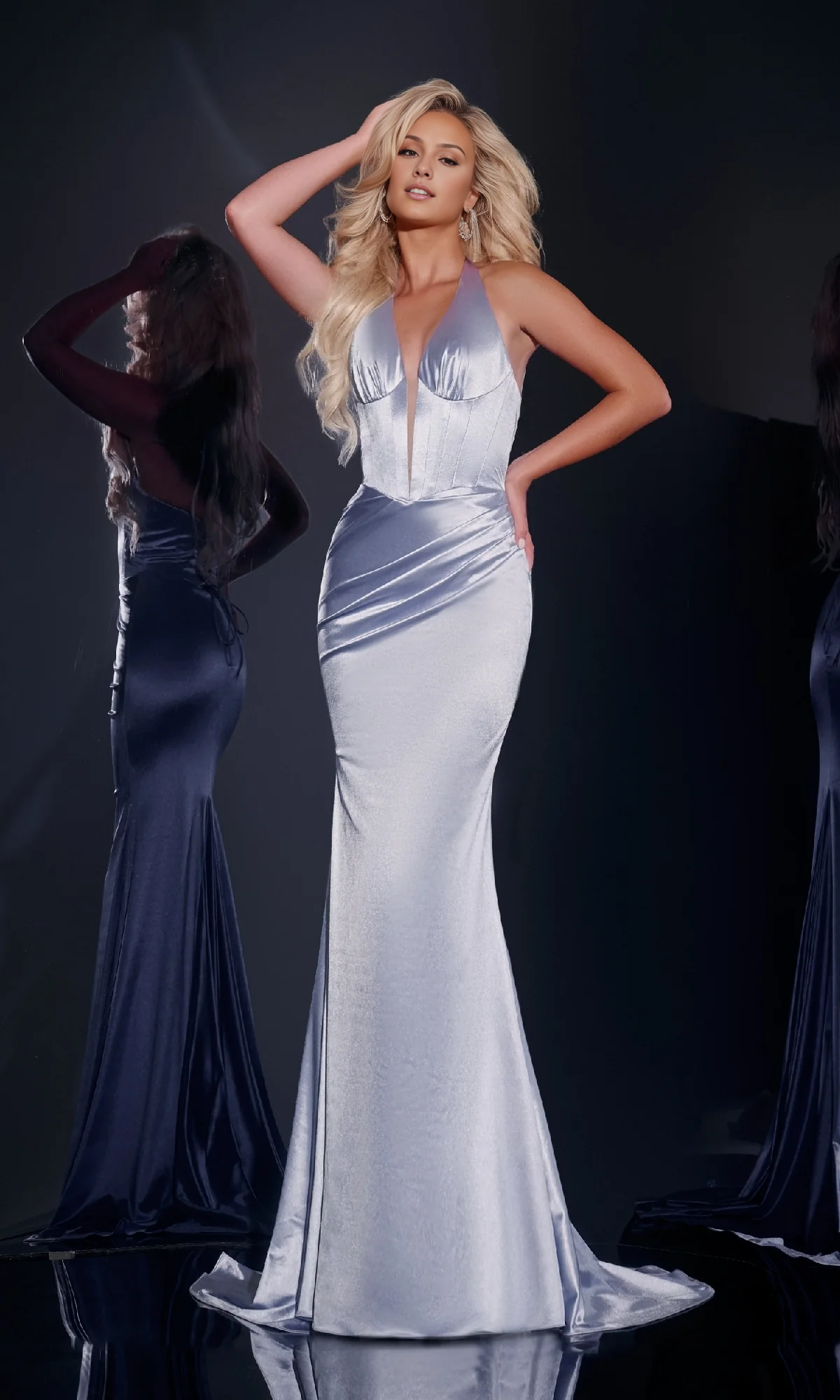 OKBBN Long Satin Bareback Low V-neck, Back Strap Ball Dress