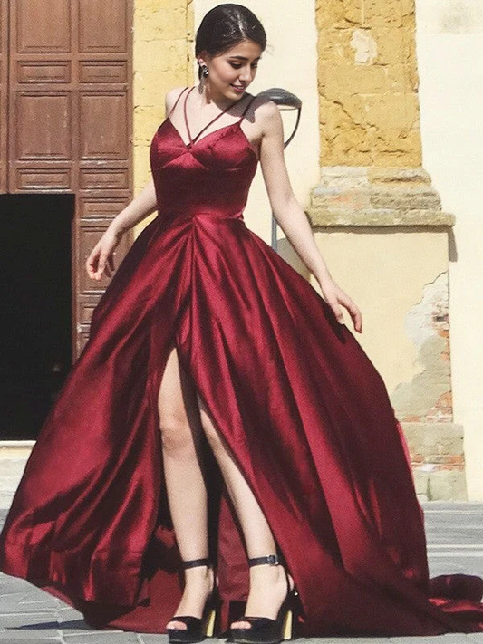 OKBBN A-line Elegant Satin Strap Sleeveless Ruffle Ball Dress