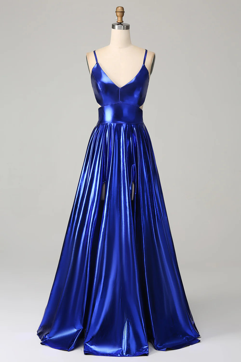 OKBBN A-line thin shoulder strap backless pleated metal slit ball dress