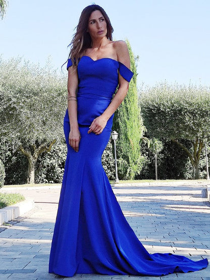 OKBBN Gorgeous Mermaid Satin Ruffle Sleeveless Off Shoulder Ball Dress