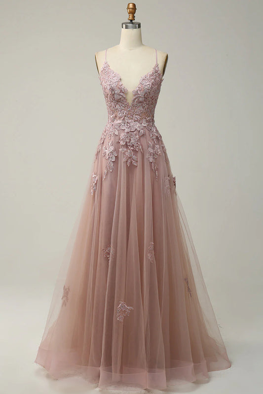 OKBBN Elegant A-line Thin Shoulder Strap Long Embroidered Ball Dress