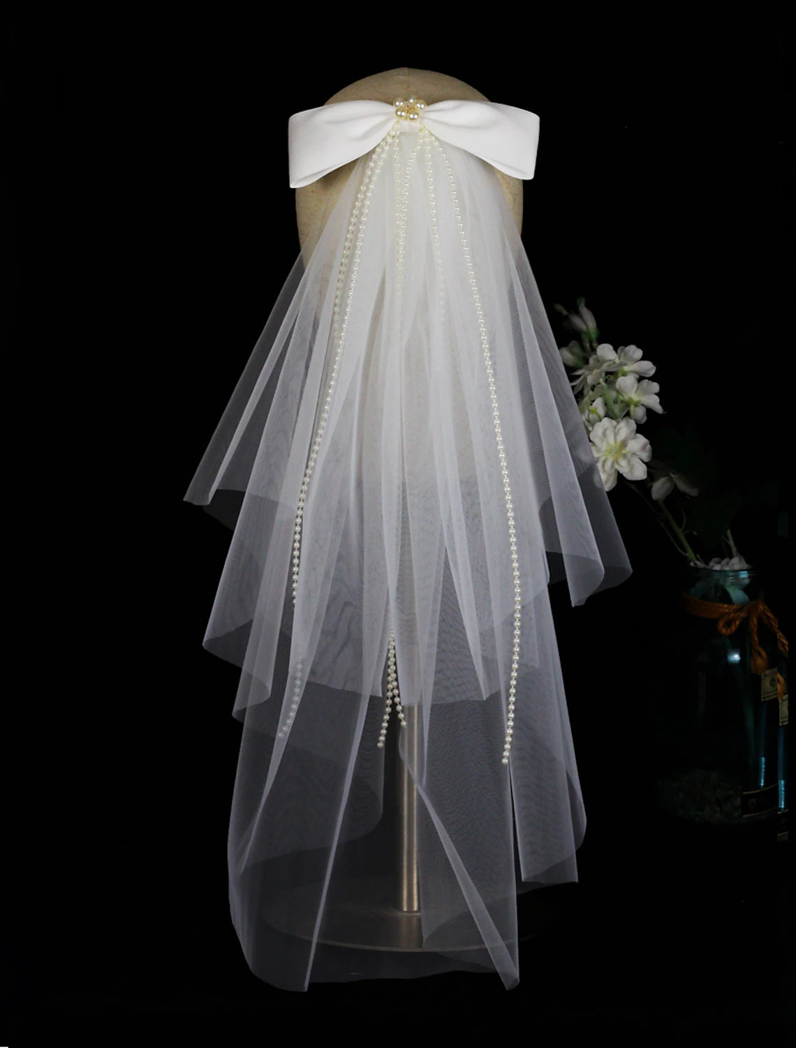 OKBBN two-layer satin ribbon bow chiffon wedding veil